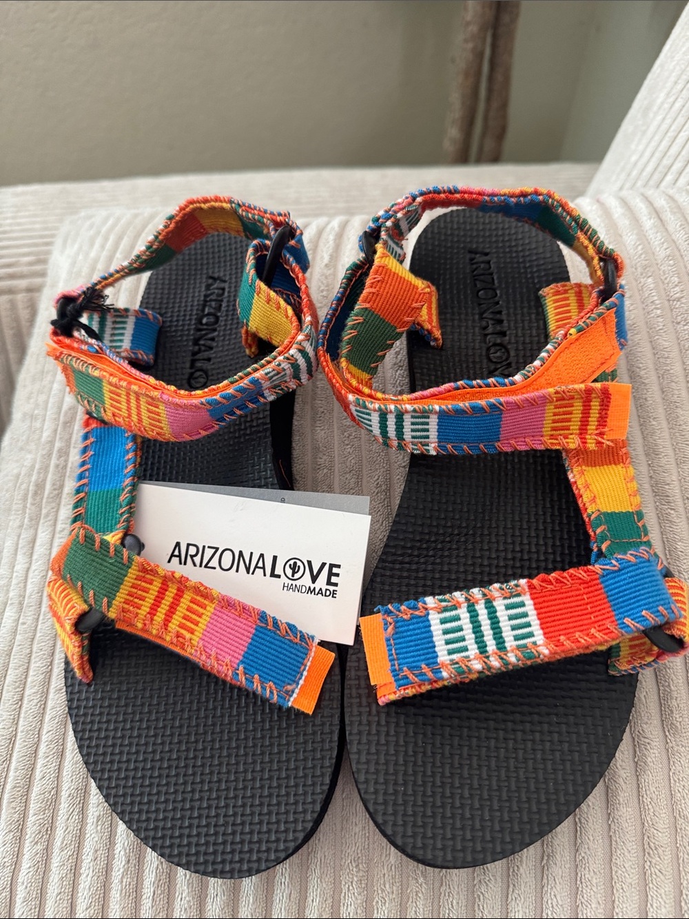 Arizona Love Multicolor Woven handmade Strap Sandals - Orange, Blue, Green, Pink